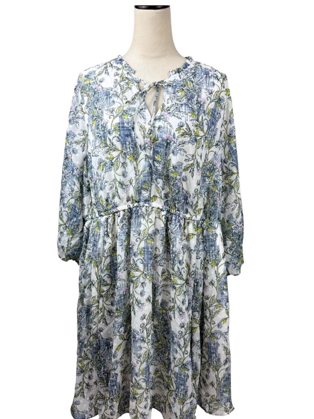 Torrid White Floral Print Midi Dress with Blue and Yellow Accents